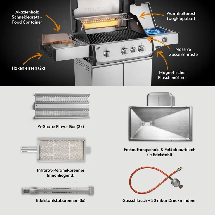 BURNHARD® ‘FRED Deluxe’ Gasgrill, 3-Brenner, Infrarot-Keramikbrenner, Heckbrenner, Seitenkochfeld, 59 × 41,5 cm Grillfläche – Bild 4