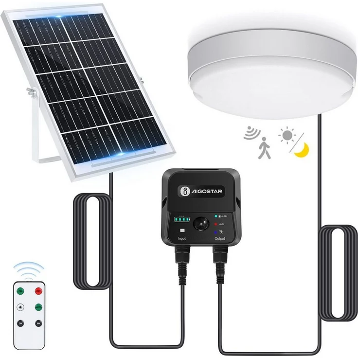 Aigostar LED Solarleuchte Solarlampe Decke Außen LED Solar Deckenleuchte Outdoor, mit 8m Kabel, Sensorschalter, LED fest integriert, Kaltweißes Licht – Bild 1