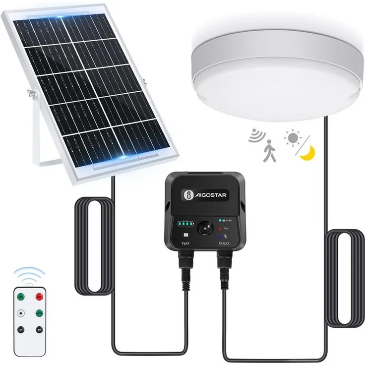 Aigostar LED Solarleuchte Solarlampe Decke Außen LED Solar Deckenleuchte Outdoor, mit 8m Kabel, Sensorschalter, LED fest integriert, Kaltweißes Licht