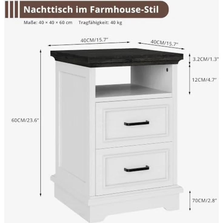 IRONCK Nachttisch Nachtschrank mit 2 Schubladen im Landhausstil, Weiß | 40cm Beistelltisch HolzNachtkästchen Schmal Nachtkommode Sofatisch für Schlafzimmer/Wohnzimmer, 40x40x60cm – Bild 2