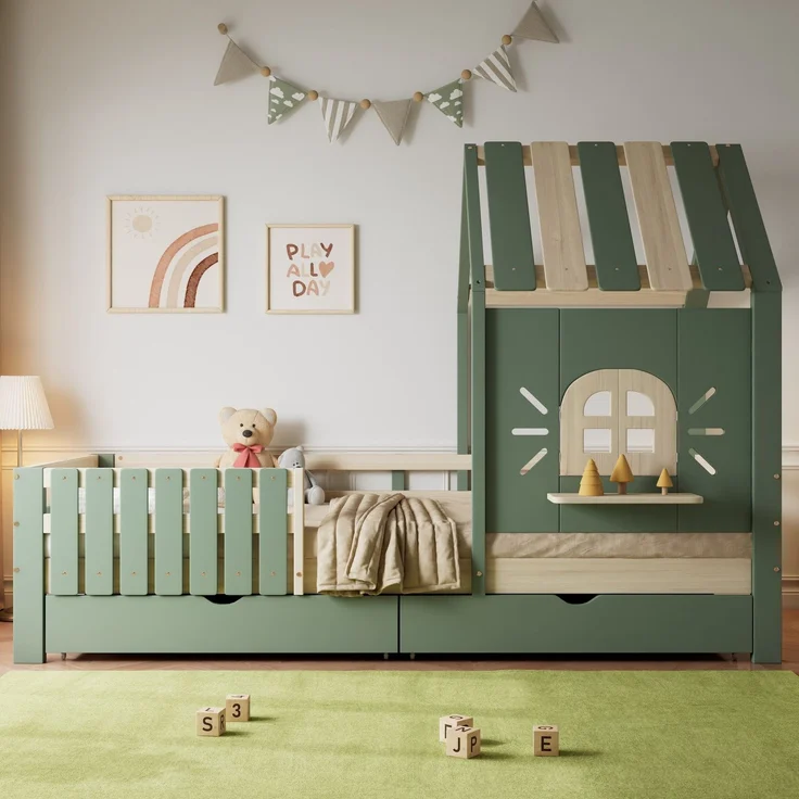 Hausbett mit Rausfallschutz, Lattenrost und Schubladen, 90x200 cm, Kinderbett, Kiefer, Einzelbett – Bild 1