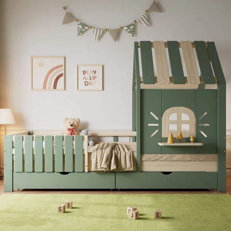 Hausbett mit Rausfallschutz, Lattenrost und Schubladen, 90x200 cm, Kinderbett, Kiefer, Einzelbett