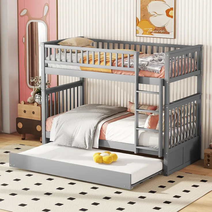 Etagenbett 90x200 cm mit Ausziehbett und Treppe, Kinderbett mit hoher Absturzsicherung,abnehmbares Massivholzbett mit stabilem Rahmen,Grau