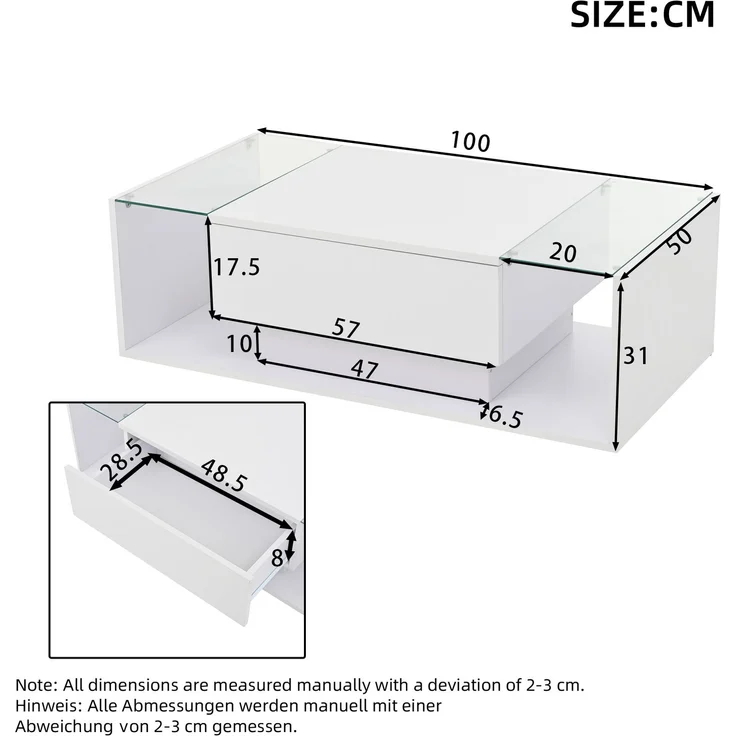 Quadratischer Couchtisch 100 x 50 x 31 cm, Hochglanz Weiß,gehärtetes Glas, 1 Schublade, halboffener Stauraum,mit LED-Lichtleiste – Bild 10