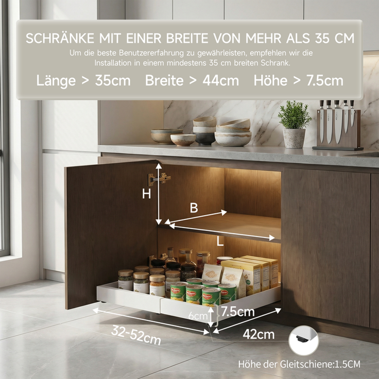 Home Nature Wohnkonzept Küchenschrank Ausziehschublade, 2er Set, mit Klebehalterung ohne Bohren, 52 x 42 x 7,5 cm, Karbonstahl, Vielseitig für Küche und Bad, Weiß – Bild 2
