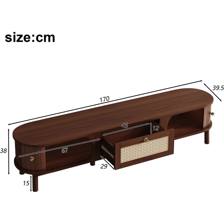 TV-Schrank Holz mit Rattanschubladen, Massivholztüren, Schiebetür, stabiles Design,Walnuss – Bild 10