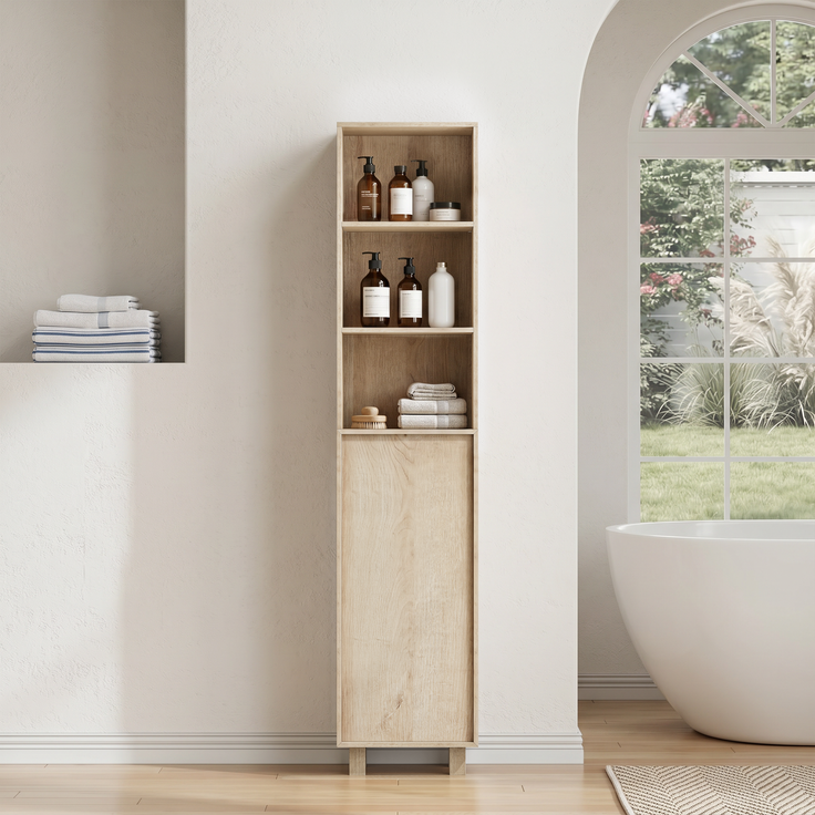 162,5 cm hoher Badezimmerschrank in Eichenoptik ,Waschmaschinenschrank,mit Türen und offenen Regalfächern; schmaler Holzschrank, geeignet für Waschküche, Balkon, Badezimmer oder Küche--Eiche--35x30x162.5cm--YOUDENOVA – Bild 3