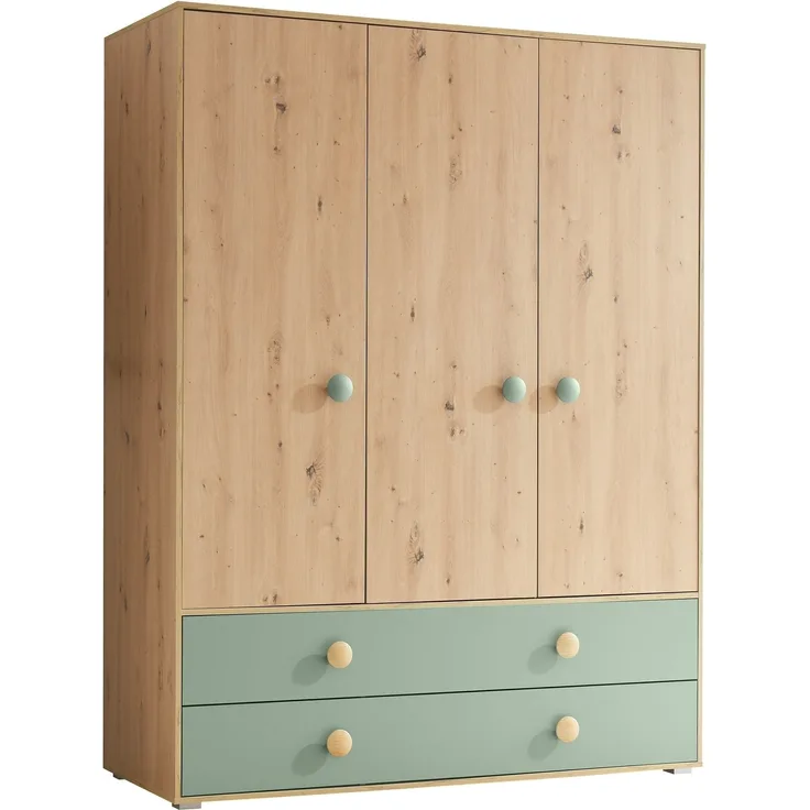 Kleiderschrank >Birta< 2 Schübe, 3 Türen, Artisan Eiche Dekor /Salbei - 153,8x200x58,2 (BxHxT)