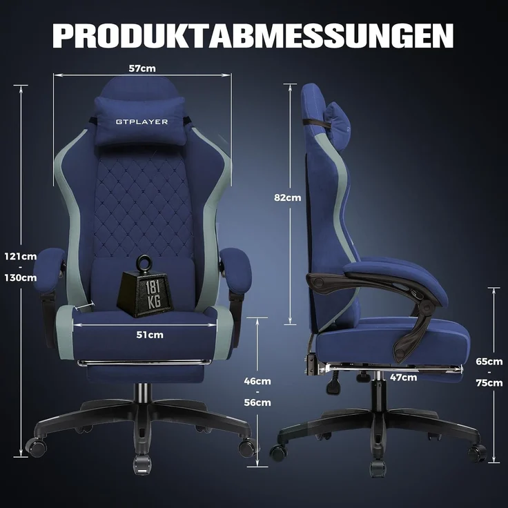 GTPLAYER Gaming Stuhl Ergonomischer, PC Stuhl Atmungsaktiver Stoff, Groß und Hoch Drehbarer Schreibtischstuhl mit Fußstütze,Verstellbare Lendenwirbelstütze und Kopfstütze,Blau – Bild 3