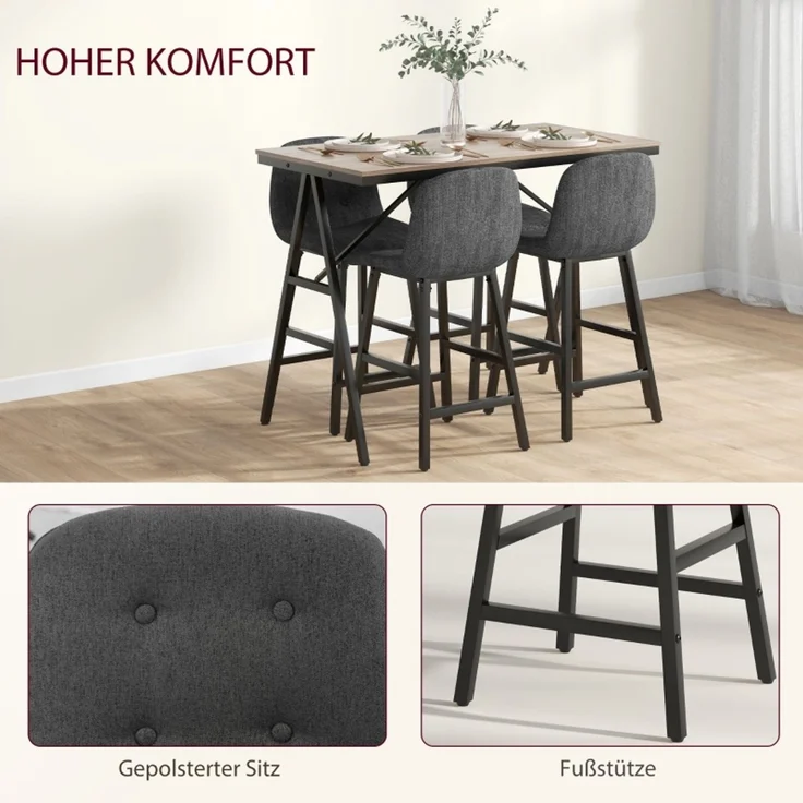 Bargarnitur 5-teilig, Tisch und 4 Stühle, Knopfheftung, dicke Polsterung, Leinenoptik, Dunkelgrau--Dunkelgrau--120x60x91cm--YOUDENOVA – Bild 5