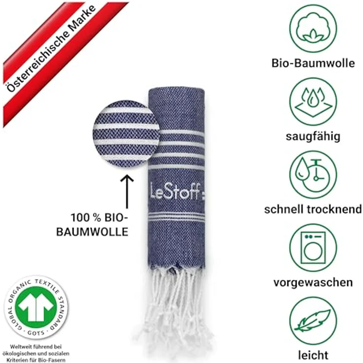 LeStoff Premium Hamamtuch 50 x 100 cm, 100% Bio-Baumwolle, leicht, saugstark, schnelltrocknend, nachhaltig - Navy – Bild 3