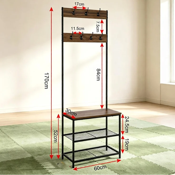 Garderobenständer mit Schuhbank & 7 Doppelhaken, 60x30x170 cm, dunkle Holzoptik – Bild 4