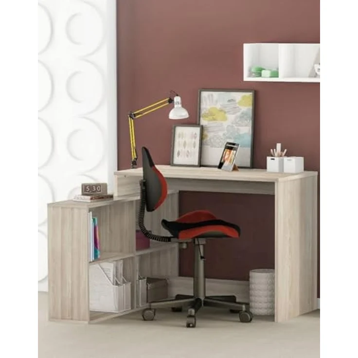 Dmora - Schreibtisch Arros, Mehrzweckschreibtisch, Bürotisch für PC, Eckschreibtisch, 112x101 h77 cm, Eiche und Weiß – Bild 4