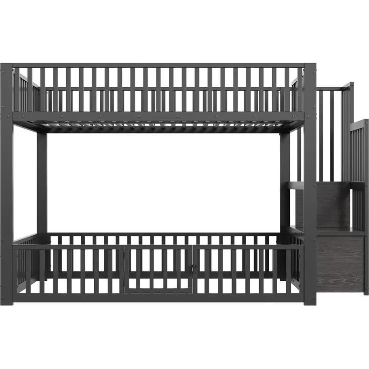 Etagenbett mit 1 Lattenrost, RGB LED-Streifen, Rausfallschutz und Tür, Treppe mit Regal, 140x200 cm, Kinderbett, Metallbett – Bild 6