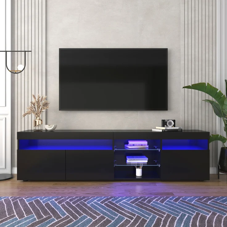 TV-Schrank, MDF mit Hochglanzfront & LED-Beleuchtung, 180x35x48 cm, Schwarz – Bild 1