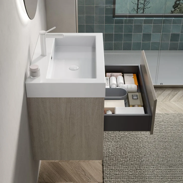 Badmöbel-Set, H 60 x T 70 x B 46 cm, mit Resin-Waschbecken und Schrank in heller Eichenoptik – Bild 3