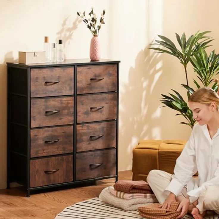 Sweetcrispy Kommode,Sideboard Wohnzimmer für Schlafzimmer mit 8 Stoffschubladen,Einstellbare Füße Schubladenschrank,Schwarzbraun – Bild 8