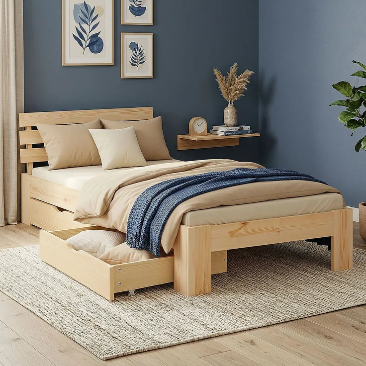 Holzbett 90x200 mit Matratze 2 Bettkästen Bett Natur Holzbett Bettgestell Futonbett Jugendbett Einzelbett – Bild 2