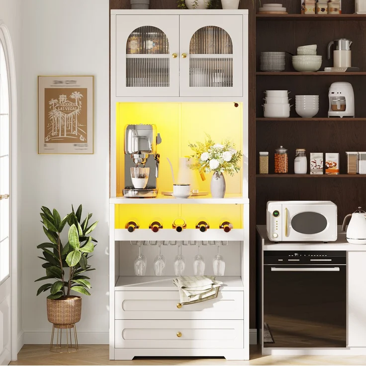 Hochschrank mit Glastüren, LED-Beleuchtung per App & Weinregal, 70x40x180 cm, Weiß – Bild 4