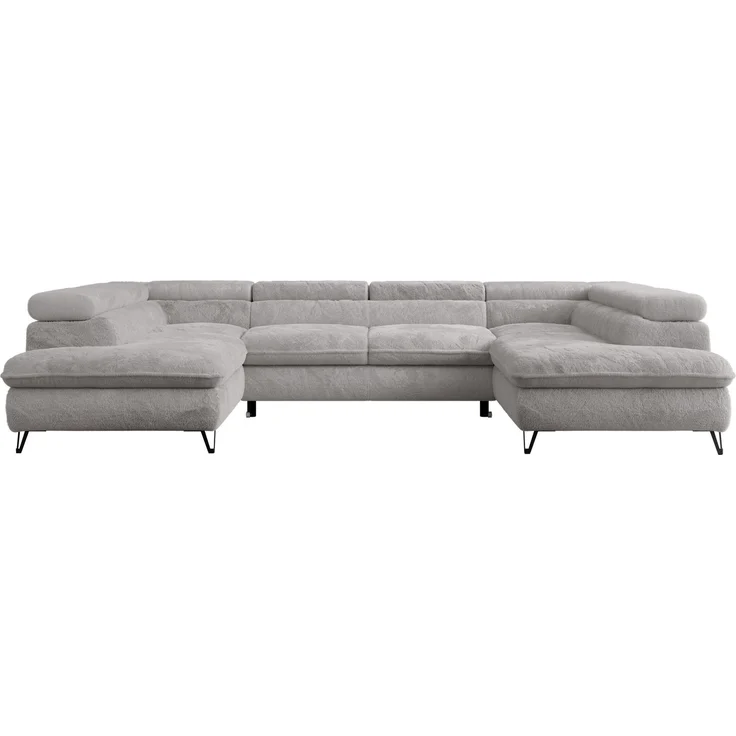 Ecksofa U-Form, mit Bettkasten, Bettfunktion und Einstellbare Kopfstützen, Sofa big XXL - PETER U - Hellgrau Plüsch – Bild 6