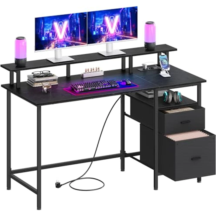 VASAGLE Gaming-Schreibtisch, mit Schubladen aus Stoff, Computertisch mit Bildschirmhalterung, Mehrfachsteckdose, 2 USB-Anschlüsse, für Heimbüro, 140x60 cm, Schwarz Holz LWD094B56V1 – Bild 2