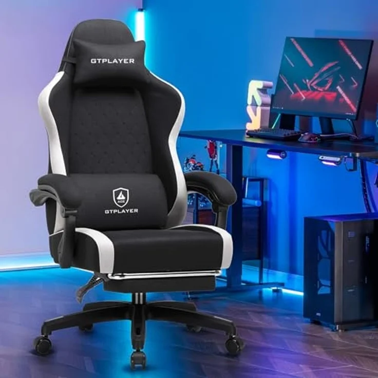 GTPLAYER Gaming Stuhl Ergonomischer, PC Stuhl Atmungsaktiver Stoff, Groß und Hoch Drehbarer Schreibtischstuhl mit Fußstütze,Verstellbare Lendenwirbelstütze und Kopfstütze,Schwarz – Bild 2