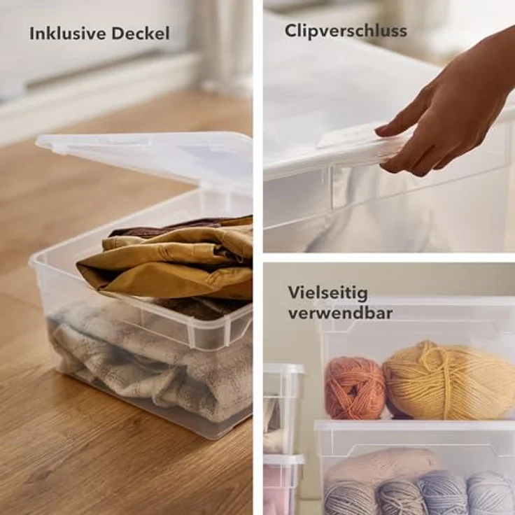 Rotho CLEAR Box 6er-Set Aufbewahrungsbox 10 l mit Deckel, platzsparend stapelbar 36×26×14 cm, transparent blau – Bild 5