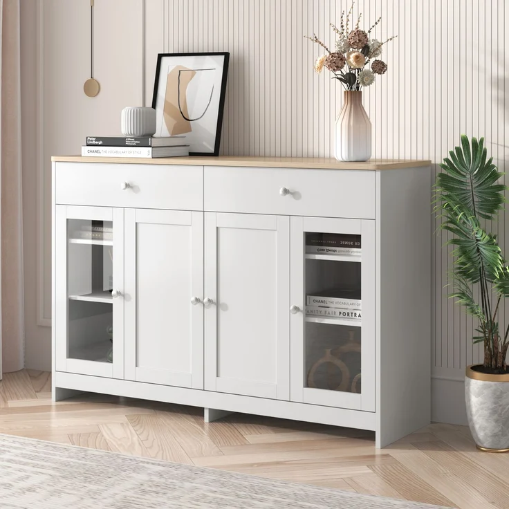 Sideboard 120×37×80 cm mit 2 Schubladen, 4 Türen, verstellbaren Regalböden, Holzoptik Kommode Buffetschrank Weiß – Bild 2