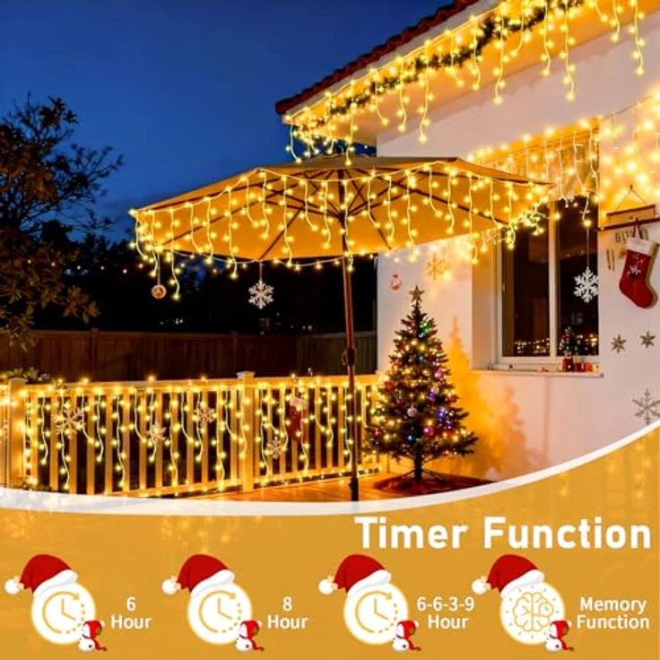 Auriostar Eisregen Lichterkette Außen 12.5M, 486 LED Weihnachtsbeleuchtung Außen mit Timer 8 Modi, IP44 Wasserdicht Eiszapfen Lichterkette Außen Strom für Balkon Fenster Haus Weihnachtsdeko Aussen – Bild 3