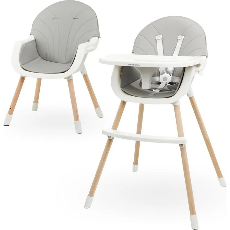 Moby-System Amelia 2 Kinderhochstuhl 3-in1 - Baby Hochstuhl mit Tablett, Fußstütze & Sicherheitsgurt - Holz Babystuhl verstellbar, 6 Monate bis 6 Jahre, Grau