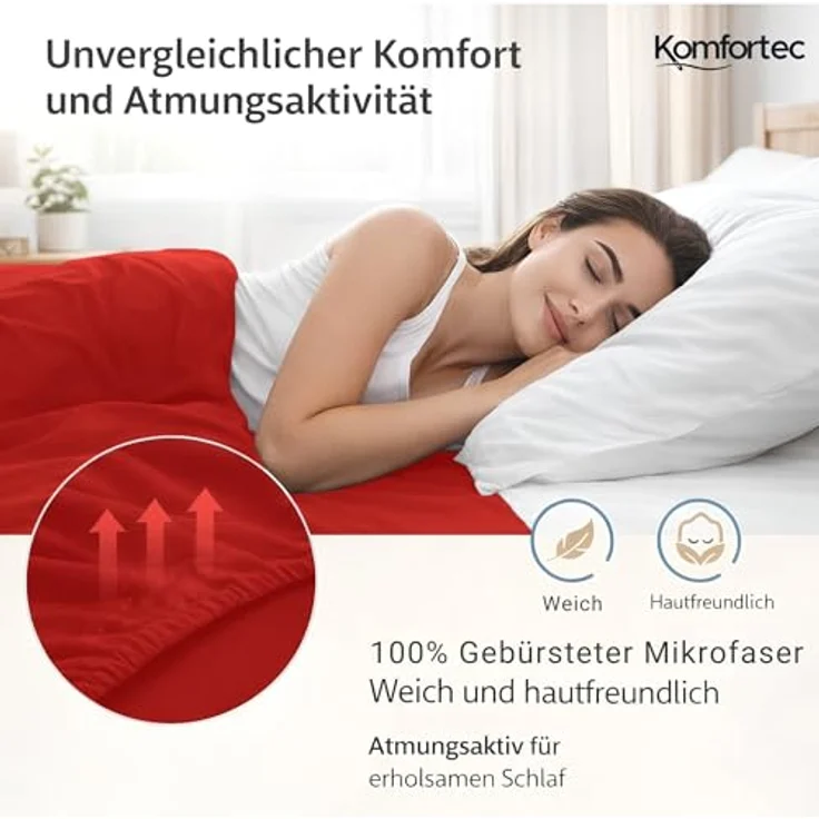 Komfortec Mikrofaser Spannbettlaken 180x200 cm – Weiches Spannbetttuch mit Rundumgummi – Fitted Sheet für Matratzen bis 30 cm – Rot – Oeko-Tex – Pflegeleicht & Hautfreundlich – 90g/m² – Bild 4