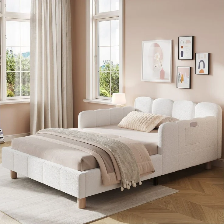 MODFU Polsterbett Inklusive Rausfallschutz für mehr Sicherheit (Packung, 1-tlg, aus Bouclé Stabile Massivholzbeine, geeignet für Kinder & Jugendliche), 90x200 cm mit variablen Armlehnen und Lattenrost(ohne Matratze) – Bild 1