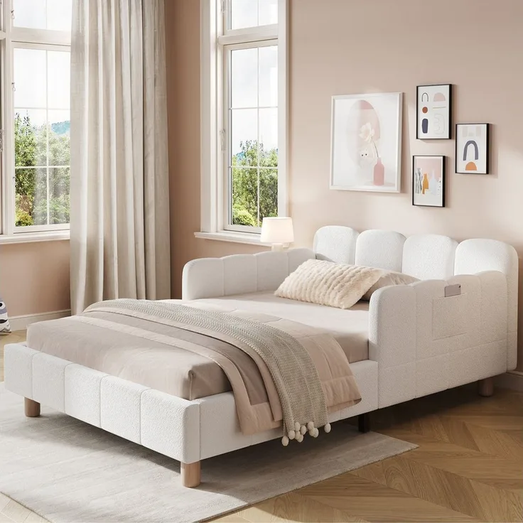 MODFU Polsterbett Inklusive Rausfallschutz für mehr Sicherheit (Packung, 1-tlg, aus Bouclé Stabile Massivholzbeine, geeignet für Kinder & Jugendliche), 90x200 cm mit variablen Armlehnen und Lattenrost(ohne Matratze)