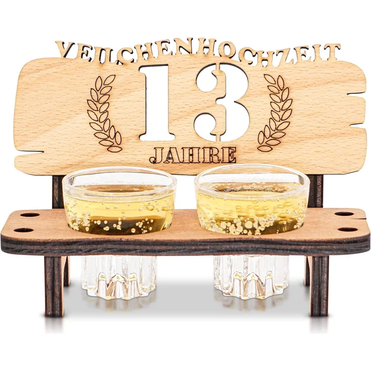 DARO Design - Schnapsbank 13. Hochzeitstag Veilchenhochzeit Geschenk Deko für Paare Männer Frauen aus Holz mit Gläsern