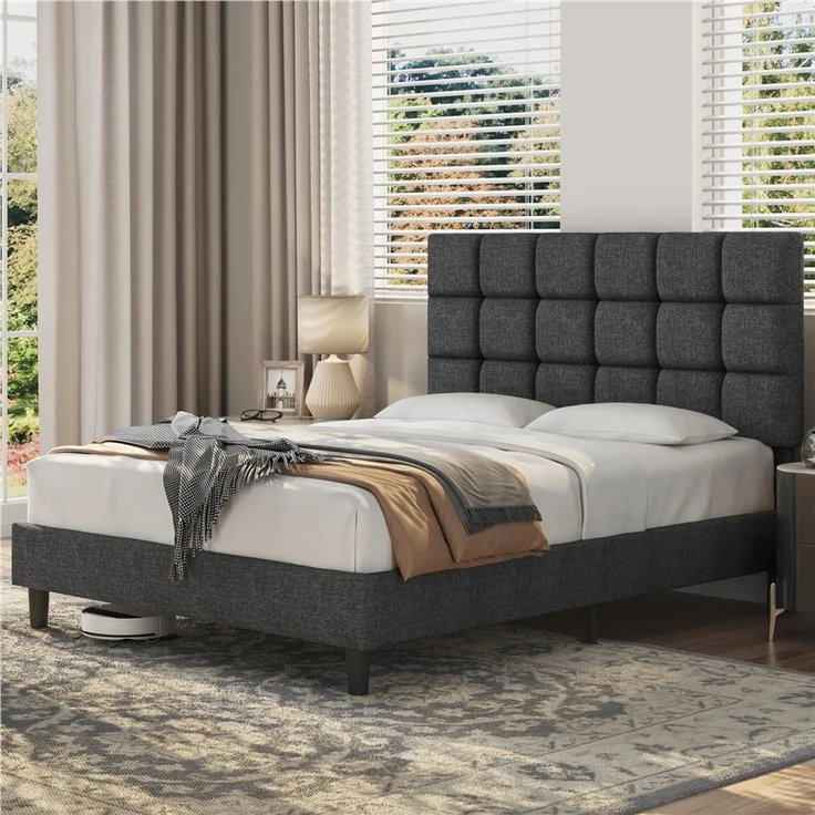 Yaheetech Polsterbett, 160x200 cm, mit höhenverstellbarem Kopfteil und Lattenrost, Dunkelgrau – Bild 2