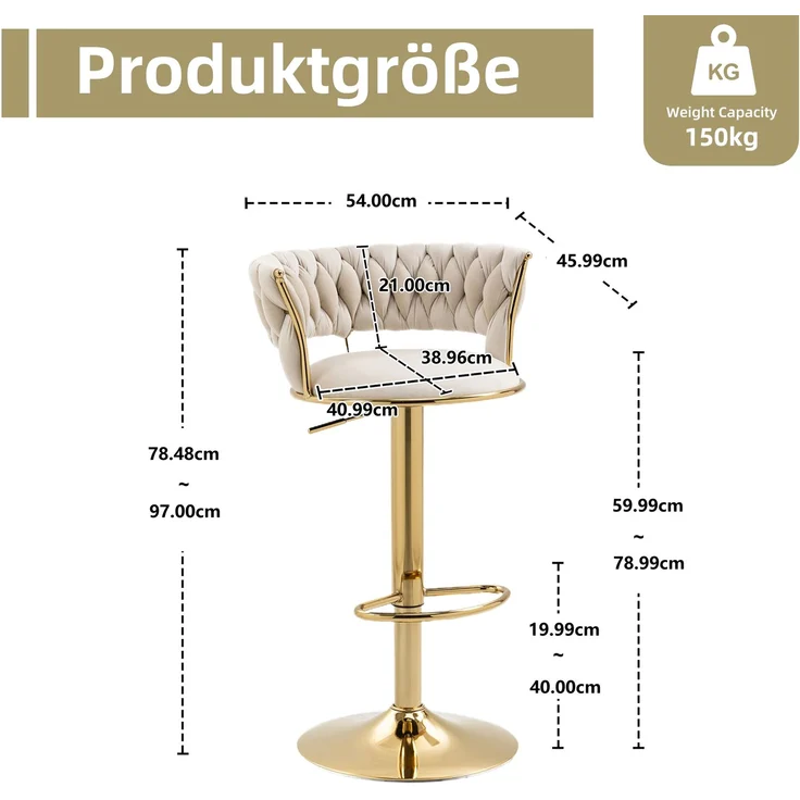 old sku:W1880109463,Samt 360° drehbarer Barhocker 2-teiliges Set, Handgefertigte Rückenlehne Ein-Knopf verstellbarer Höhe Barhocker, Sehr weicher gepolsterter Küche Esszimmerstuhl, Kücheninsel--Elfenbein--54x46x78cm--YOUDENOVA – Bild 6