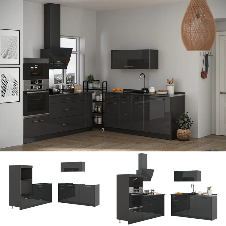 Küchenzeile Fame-Line Anthrazit Hochglanz/Anthrazit 340 cm, AP Marmor Vicco – Bild 4