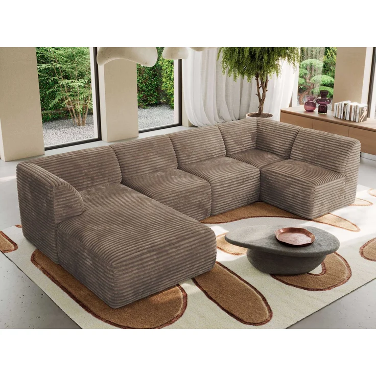Modulares XXL-Ecksofa MODARO 5M, U-Form, Wohnlandschaft, 5-teilig, freistehend, Wohnzimmer Couch, HR-Schaumstoff - Braun Cord - Links – Bild 4
