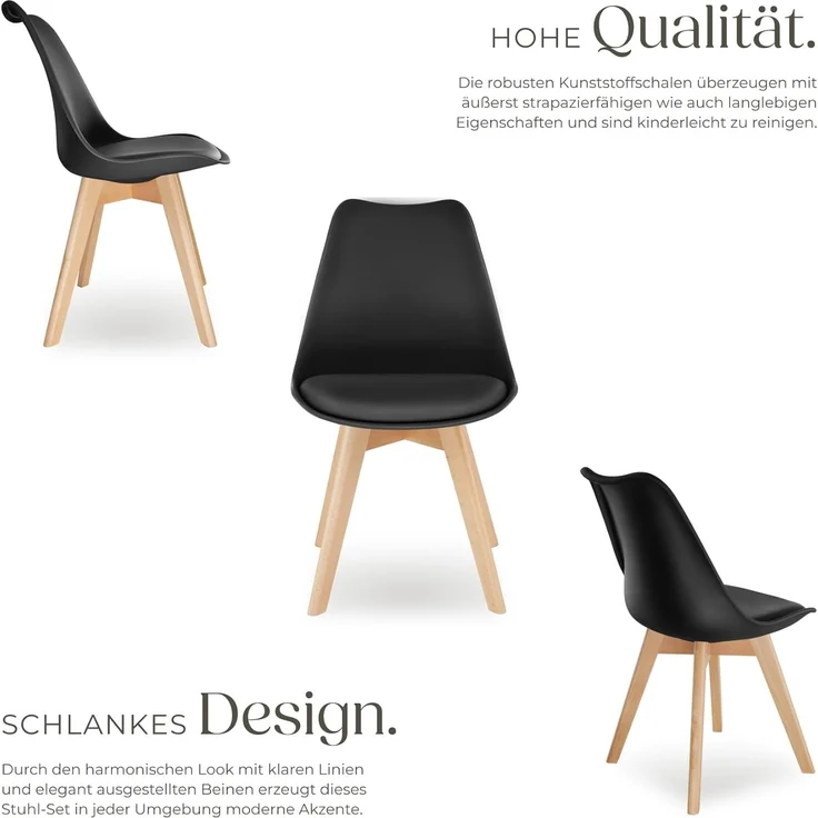 tectake Esszimmerstuhl Küchenstuhl Scandi-Design, gepolsterte Sitzfläche, 49 x 53 x 82 cm (Polsterstuhl Frederikke in schwarz, 6 St), ergonomische Form, massive Holzbeine, bodenschonende Filzgleiter – Bild 5