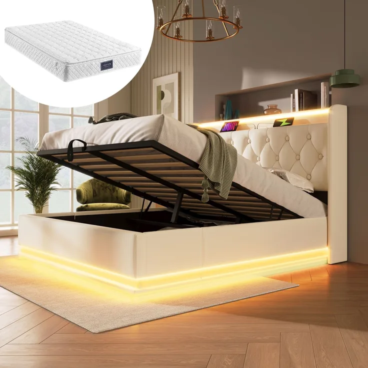 EINHOM Polsterbett Einzelbett, 360-Surround-LED-Funktion, 140 x 200 cm, Weiß PU-Material Hydraulisches Lagerbett, Gepolstertes Kopfteil mit USB Typ-C Ladefunktion, (Mit Matratze)