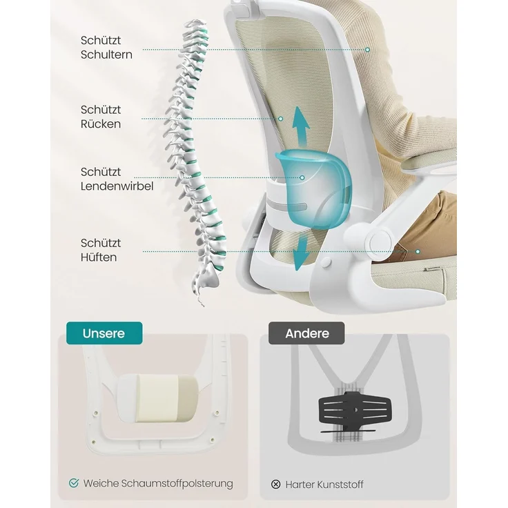 SONGMICS Bürostuhl ergonomisch, Schreibtischstuhl, Drehstuhl mit Mesh, gepolsterte Lendenstütze, Wippfunktion, 53 cm große Sitzfläche, klappbare Armlehnen, Kopfstütze, cappuccinobeige OBN047K01 – Bild 3