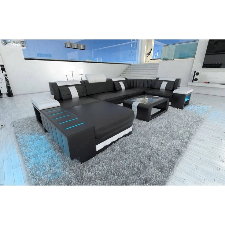Sofa Dreams - Mini Designer Wohnlandschaft Bellagio Led U-Form - Ledermix - Schwarz-Rot - Rechts – Bild 7