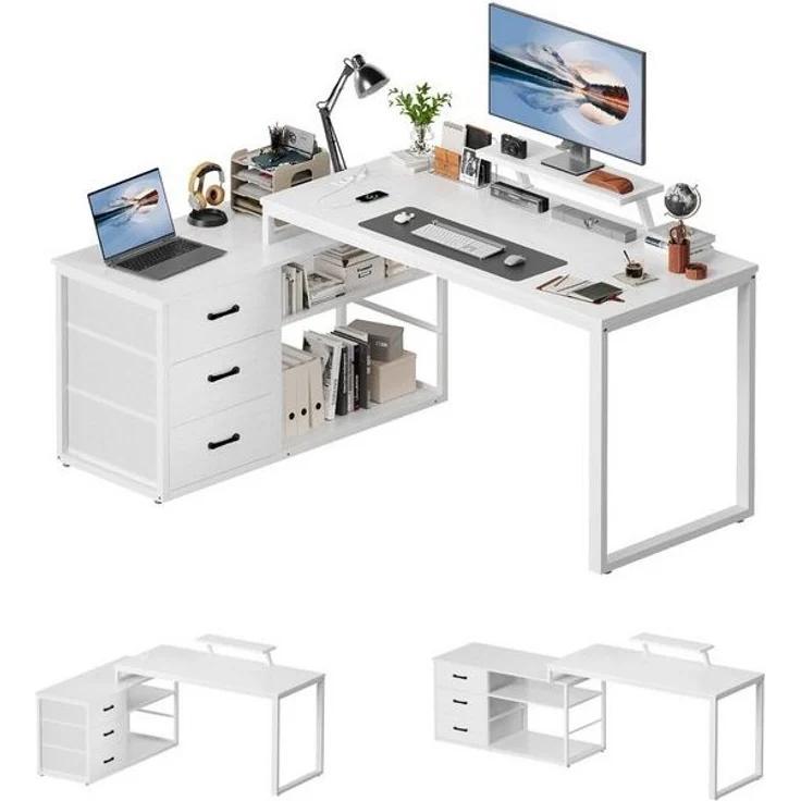 Furnicopia Eckschreibtisch 140cm mit Monitorarm, Computertisch mit drehbarer Tischplatte (Flexibel und schwenkbar, mit Steckdosen (2 Steckdosen + 2 USB-Anschlüsse), 3 großen Schubladen, 2 Ablageflächen) – Bild 4