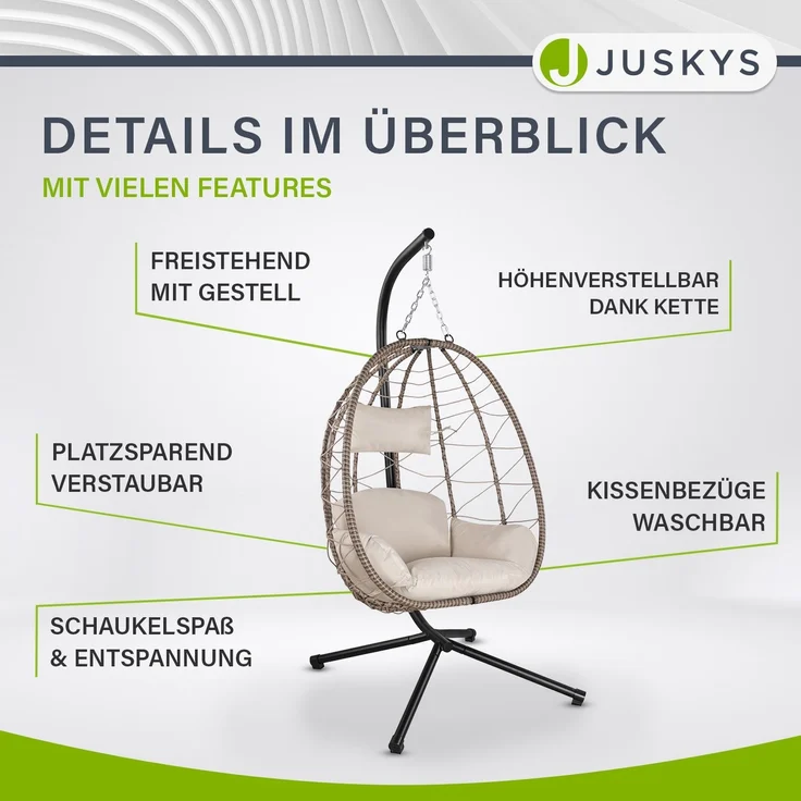 Juskys 'Aria' Hängesessel mit Kissen, höhenverstellbar & faltbar, Polyrattan beige, bis 130 kg belastbar – Bild 3