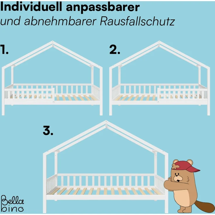 Bellabino 'Vils' Hausbett 90x200 cm, weiß, Kiefer Massivholz, Montessori Kinderbett mit Rausfallschutz und Lattenrost – Bild 4