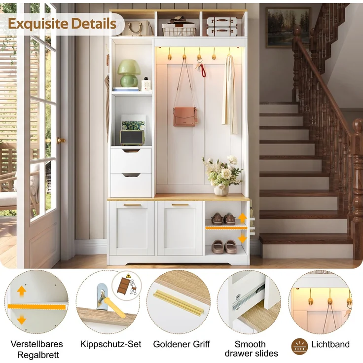 Kompaktgarderobe 100x32x186 cm in Weiß mit Sitzbank, Schuhfächern und App-LED – Bild 8