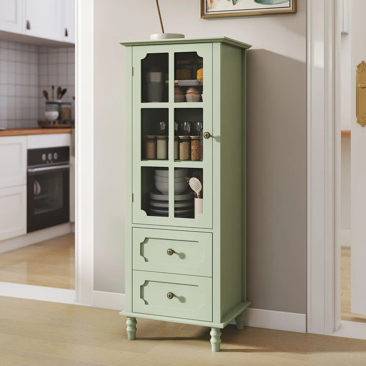 Mintgrüner Vitrinenschrank mit Glastür und 2 Schubladen, Vintage Hochschrank aus MDF mit Massivholzbeinen, Saugroboter-tauglicher Aufbewahrungsschrank für Wohnzimmer, Esszimmer, Flur--Grün--50x40x133cm--YOUDENOVA – Bild 3