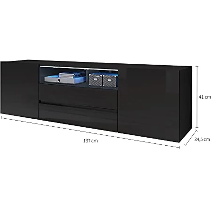 Selsey BROS – TV-Lowboard/Fernsehschrank Schwarz Matt/Schwarz Hochglanz mit LED-Beleuchtung Stehend Modern – Bild 3