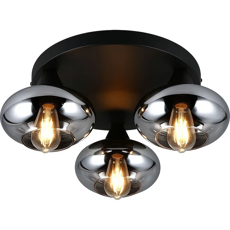 LED Deckenlampe, Metall, schwarz, rauchfarbenes Glas, D 39 cm