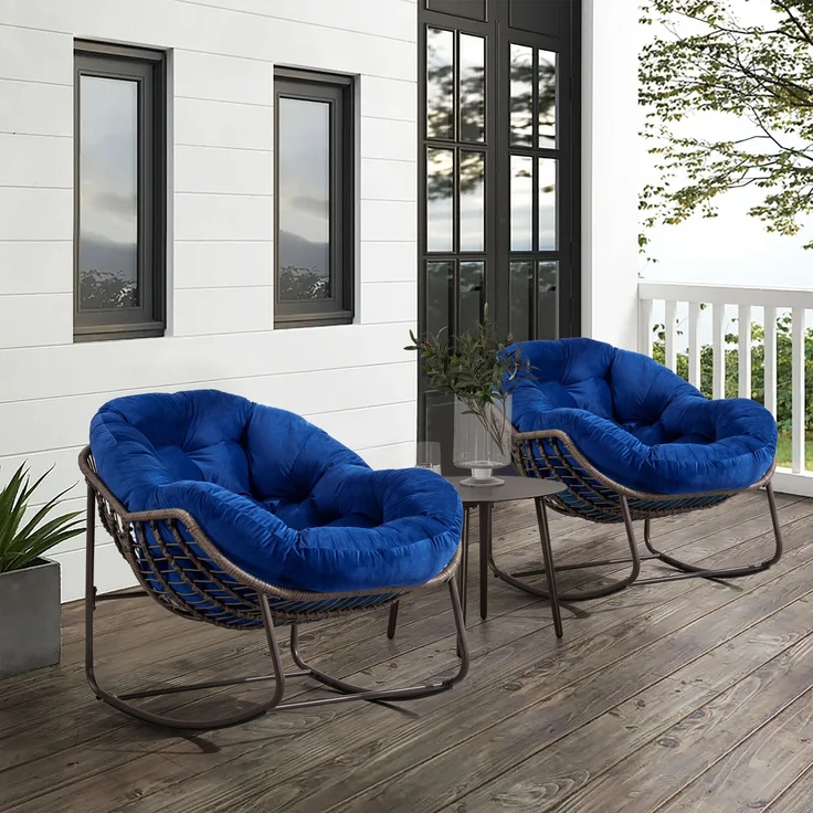 Gepolsterter Schaukelstuhl aus Rattan für den Außenbereich, ideal für Veranda, Wohnzimmer, Terrasse und Garten, Marineblau, 93 x 73 x 23 cm, YOUDENOVA – Bild 4